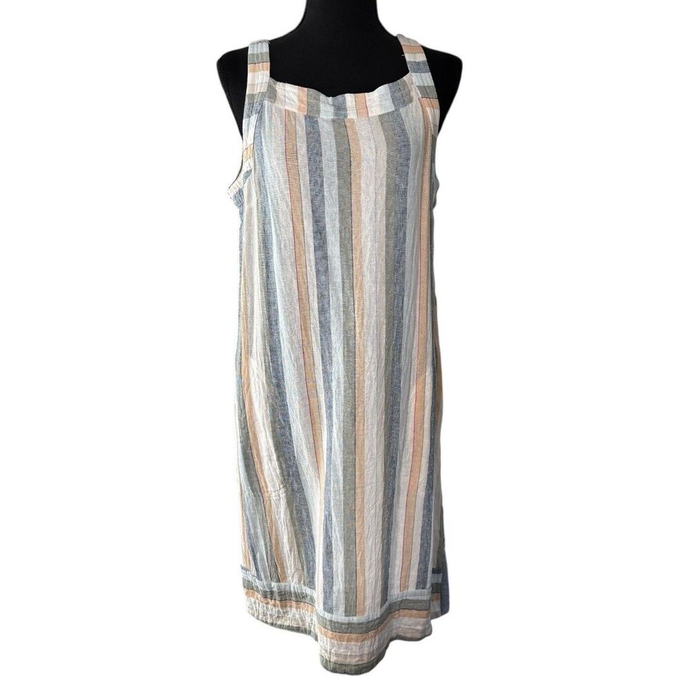 FOR CYNTHIA Striped Linen Blend Sleeveless Beige Dress Pockets